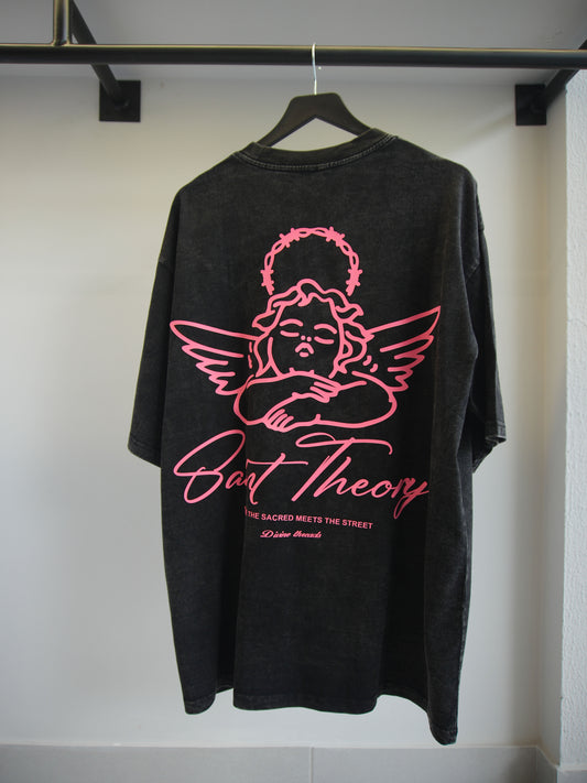 Saint theory camiseta negra desvanecida angel rosa t-shirt