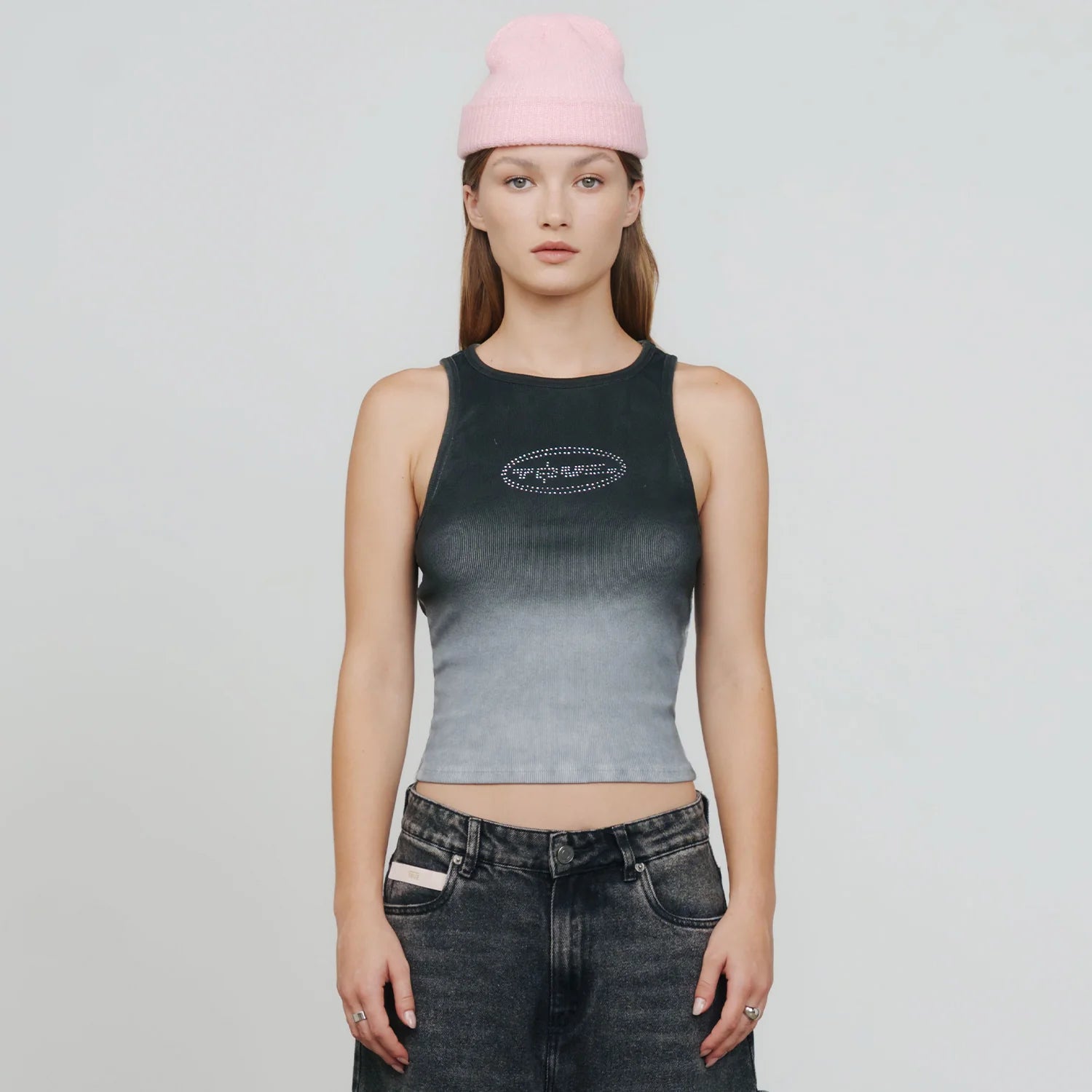 True gradient rhinestone tank top - black