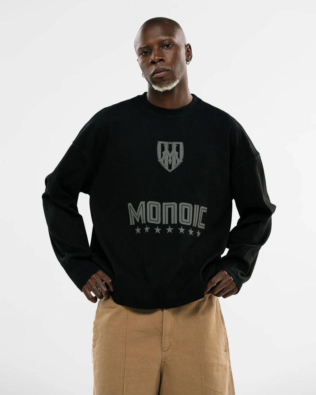 Monoic Camiseta Oversized Shield Waffle Long Sleeve - Negro (Exclusive)