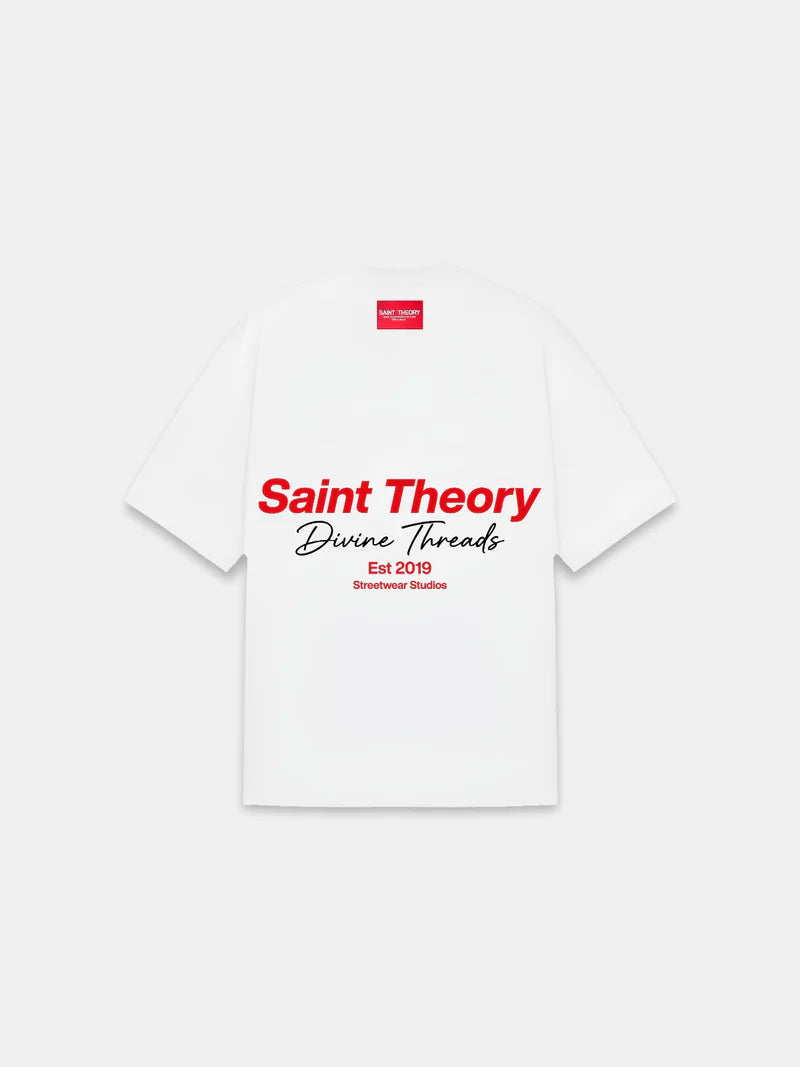 Saint Theory camiseta hilos divinos streetwear studios white red