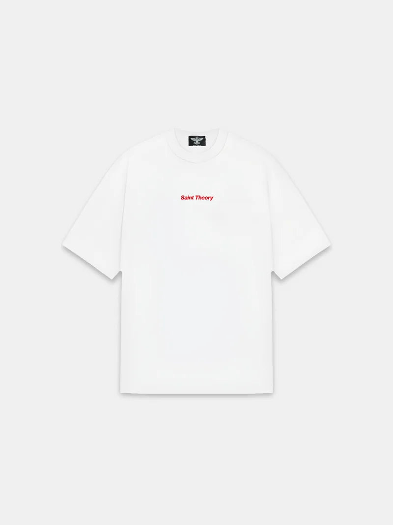Saint Theory camiseta hilos divinos streetwear studios white red