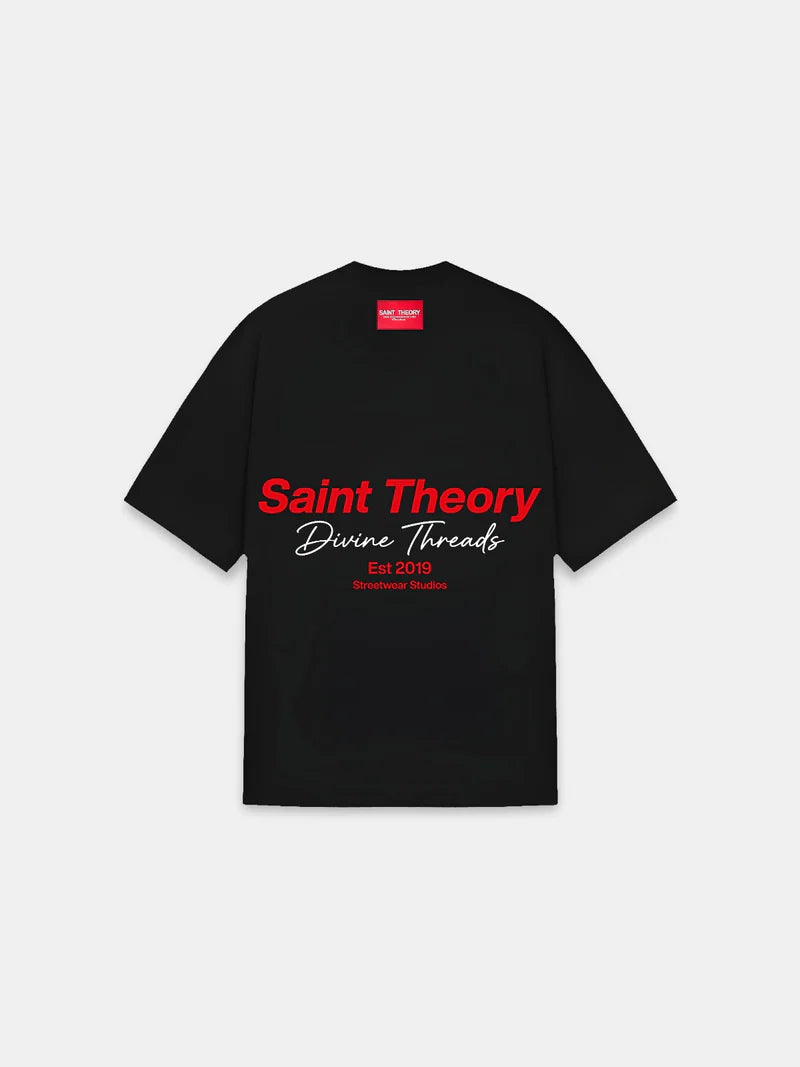 Saint Theory camiseta hilos divinos streetwear studios black red